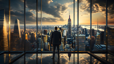 Back view of businsesman looking cityscape from his office, Standing tall against panoramic view, AI Generated, Generative AIの素材
