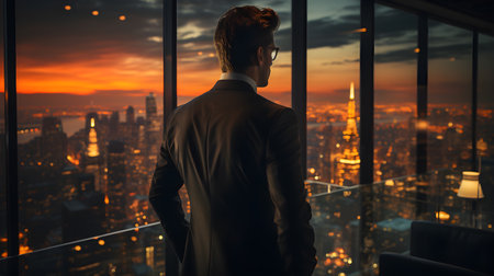 Back view of businsesman looking cityscape from his office, Standing tall against panoramic view, AI Generated, Generative AIの素材