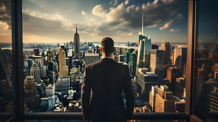 Back view of businsesman looking cityscape from his office, Standing tall against panoramic view, AI Generated, Generative AIの素材