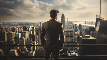 Back view of businsesman looking cityscape from his office, Standing tall against panoramic view, AI Generated, Generative AIの素材