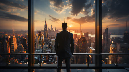 Back view of businsesman looking cityscape from his office, Standing tall against panoramic view, AI Generated, Generative AIの素材