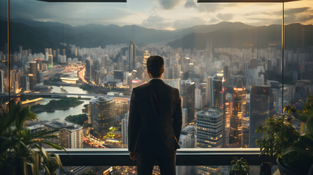Back view of businsesman looking cityscape from his office, Standing tall against panoramic view, AI Generated, Generative AIの素材