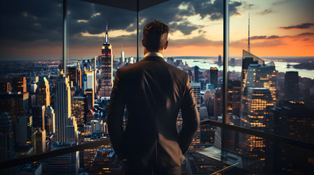 Back view of businsesman looking cityscape from his office, Standing tall against panoramic view, AI Generated, Generative AIの素材
