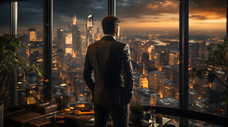 Back view of businsesman looking cityscape from his office, Standing tall against panoramic view, AI Generated, Generative AIの素材