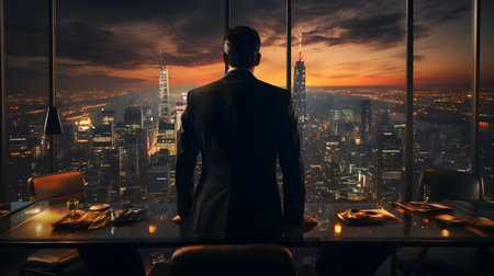 Back view of businsesman looking cityscape from his office, Standing tall against panoramic view, AI Generated, Generative AIの素材