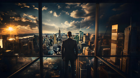 Back view of businsesman looking cityscape from his office, Standing tall against panoramic view, AI Generated, Generative AIの素材