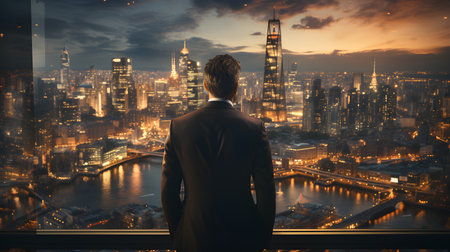 Back view of businsesman looking cityscape from his office, Standing tall against panoramic view, AI Generated, Generative AIの素材