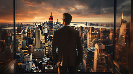 Back view of businsesman looking cityscape from his office, Standing tall against panoramic view, AI Generated, Generative AIの素材