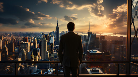 Back view of businsesman looking cityscape from his office, Standing tall against panoramic view, AI Generated, Generative AIの素材