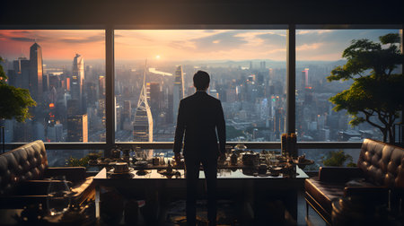 Back view of businsesman looking cityscape from his office, Standing tall against panoramic view, AI Generated, Generative AIの素材