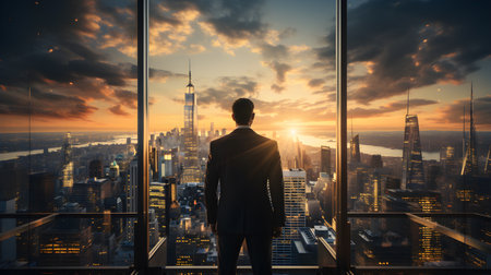 Back view of businsesman looking cityscape from his office, Standing tall against panoramic view, AI Generated, Generative AIの素材