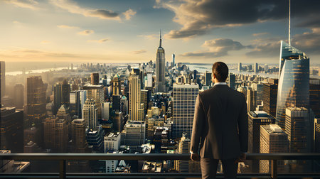 Back view of businsesman looking cityscape from his office, Standing tall against panoramic view, AI Generated, Generative AIの素材