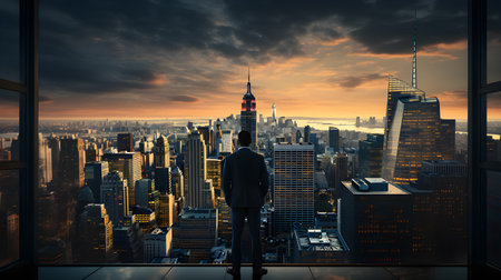 Back view of businsesman looking cityscape from his office, Standing tall against panoramic view, AI Generated, Generative AIの素材