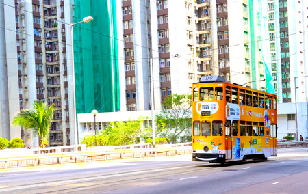 Causeway Bay ,Hong Kong - NOV 23, 2018: Double-decker trams. Trams also a major tourist attraction and one of the most environmentally friendly ways of travelling in Hong Kong.のeditorial素材