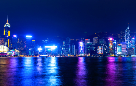 Hong Kong cityscape view from the Victoria harbor at night.のeditorial素材