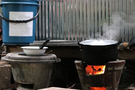 Cooking street food on a hot frying pot.の写真素材