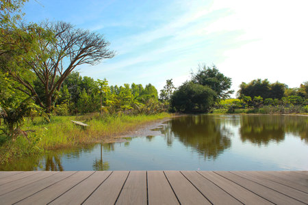 Wooden floor, wooden table and river in the park with landscape blue sky background.の写真素材