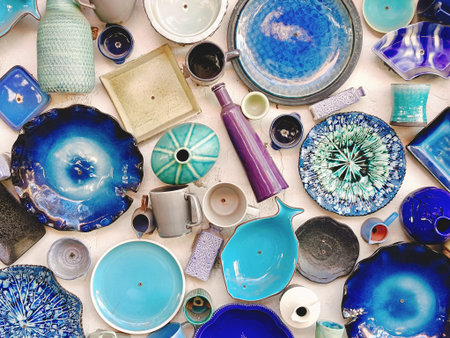 op view of various handmade ceramic tableware and pottery in blue and turquoise tones.