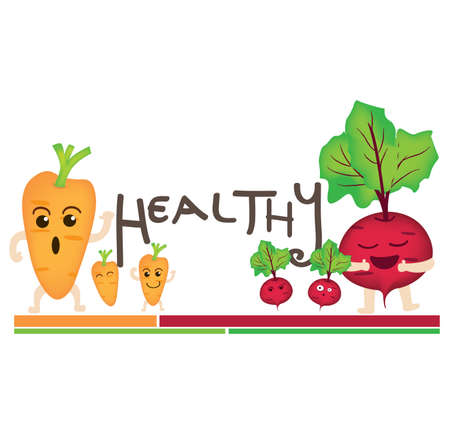Carrot, Beetroot Hand drawn face characters about healthy food.Vector illustration of carrot, beetroot on white backgroundのイラスト素材