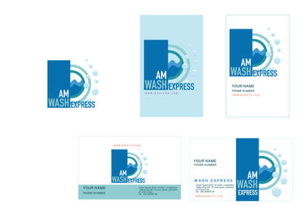 Laundry service name is âAm Wash express â logo design and  4 name card design. Business packs for laundry shop for. Brand of new for your business. Blue and white themes.のイラスト素材