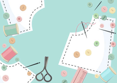 Top view of Work space on the desk with Studs , thread tubes, scissors, ruler and sewing pattern on...