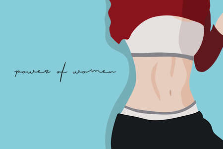 Power of women, slim belly of girl loss weight on blue pastel background.