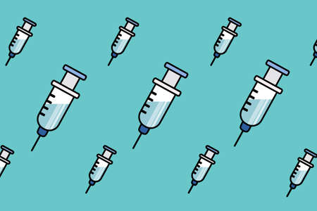 syringes pattern on the blue background. seamless pattern on a medical theme. cute and doodle style. virus vaccination. tools for save people.のイラスト素材