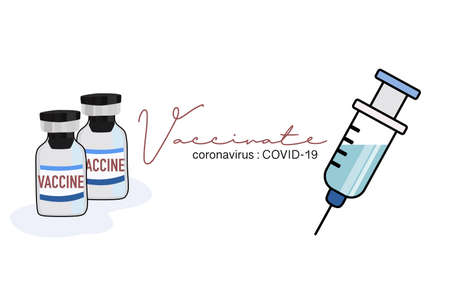 Text "vaccinate ", syringe and vaccine bottle on  white 
 background.   virus vaccination. tools for save people.のイラスト素材