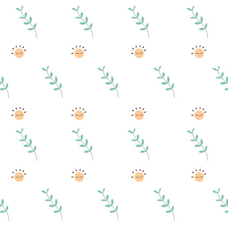 Pattern of spring time, seamless of  green leave and sun on white background of print.