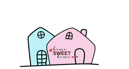 Home Sweet Home - House quote lettering typography. Welcome home label. Blue and pink houses.のイラスト素材
