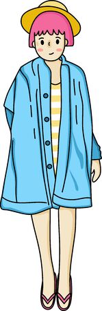 Short hair lady in aqua coat color puts the yellow floppy hat and pink slipper
のイラスト素材