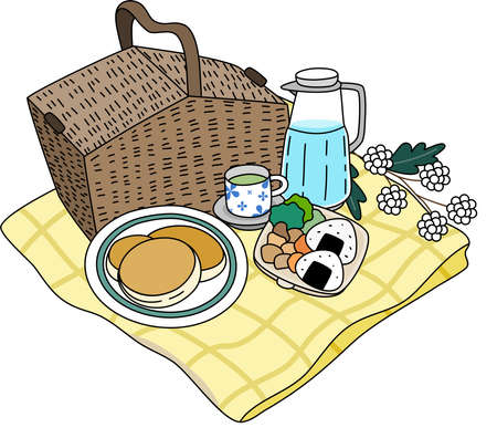 Cartoon of romantic picnic outdoor with easy meal and sweet dessert. Simple cute hand draw line vector and minimal icons flat style character illustration.のイラスト素材