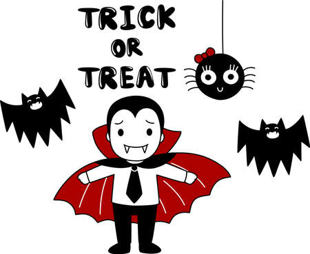 Cartoon of Count Dracula, his bat and little cute spider costume for trick or treat. Simple cute hand draw line vector and minimal icons flat style character illustration.のイラスト素材