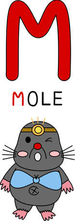 Vector of flat doodle cartoon character design of capital letter M Mole the animal in blue bikini swim ear and the flashlights on her head, a small mammals near the house with large paw the professional of digging soil&#xD;&#xA;のイラスト素材