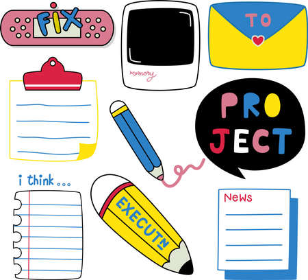 Cartoon of post it and stationery decoration object for digital planner or bullet journal. Simple cute hand draw line vector and minimal icons flat style Character illustration.
のイラスト素材