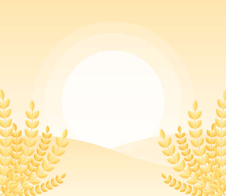Sunrise behind hill landscape background with golden wheat in minimal and soft color. Vector flat graphic illustration.のイラスト素材