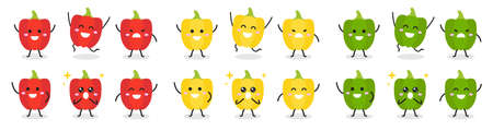 Collection of cute sweet pepper character in various poses isolated on white background. Funny vegetable cartoon. Flat vector graphic design illustration for infographic, kid book, and farm conceのイラスト素材
