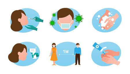 Collection of coronavirus prevention tips. Guidance infographic to protect yourself from COVID-19 or 2019-ncov for safety. Icon set about corona protection. Concept flat vector icon illustration.のイラスト素材