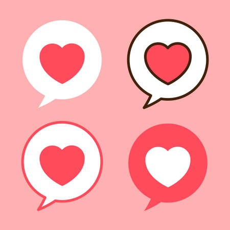Collection of speech bubble with cute heart shape on pink background. Expression, conversation or feeling concept about love. Valentine-related elements. Vector graphic icon set design.のイラスト素材