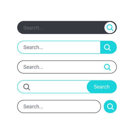 Collection of search bars with magnifying glass icons for web or UI. Set of search boxes template with different designs isolated on white background. Modern vector flat style graphic illustration.のイラスト素材