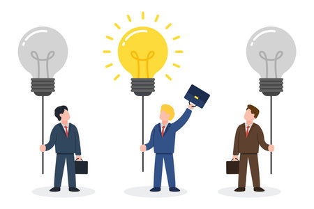 Group of businessmen holding light bulbs with one is shining. Creative concept of searching business idea, solution, or inspiration. Simple trendy cute vector illustration. Modern flat style graphic.のイラスト素材