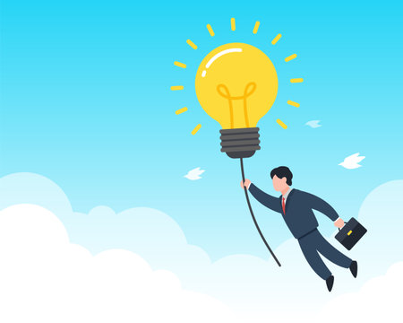 Businessman grabs a shining light bulb floating in the sky. Creative concept of searching business idea, solution, or inspiration. Simple trendy cute vector illustration. Modern flat style graphic.のイラスト素材