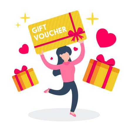 Happy woman showing a gift voucher card. The creative concept idea of earning prizes or rewards. Simple trendy cute cartoon character vector illustration. Modern flat style graphic design icon.のイラスト素材