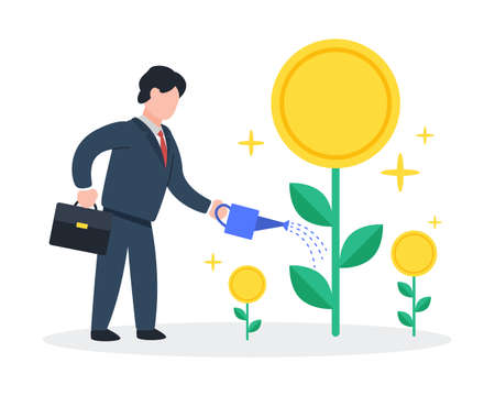 Businessman watering tree with coins. The creative concept idea of growth investing or making money from the investment. Simple trendy cute vector illustration. Modern and minimal flat style graphic.のイラスト素材
