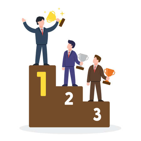 Happy businessman holding golden trophy cup. Creative concept of business success. Winner of the competition. Simple trendy cute vector cartoon character illustration. Modern flat style graphic icon.のイラスト素材