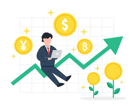 Businessman sits on a growing positive graph with coins. The creative concept idea of currency investment and finance. Simple trendy cute vector illustration. Modern flat style graphic icon element.のイラスト素材