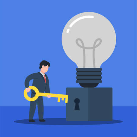 Businessman hold key to turn on the light bulb. The creative concept of unlocking business ideas. Simple trendy cute vector character illustration. Abstract conceptual flat style graphic design.のイラスト素材