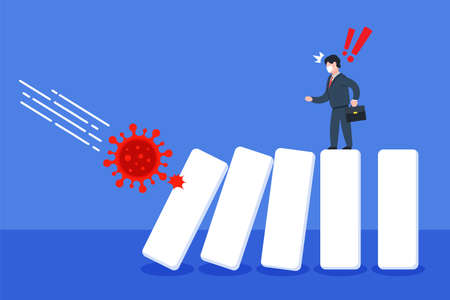 Domino hit by a virus and falling with businessman standing. Creative concept idea of domino effect, economic crisis, and financial impact by coronavirus or covid-19. Trendy cute vector illustration.のイラスト素材