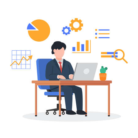 Businessman sits and works on the desk with a laptop. The creative concept idea of business data analysis and marketing. Simple trendy cute vector illustration. Modern flat style graphic icon.のイラスト素材