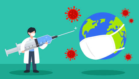 Doctor carrying vaccine syringe to vaccinate to earth with face mask. Save world from coronavirus. Covid protection. Creative concept of global vaccination. Trendy cute flat style vector illustration.のイラスト素材